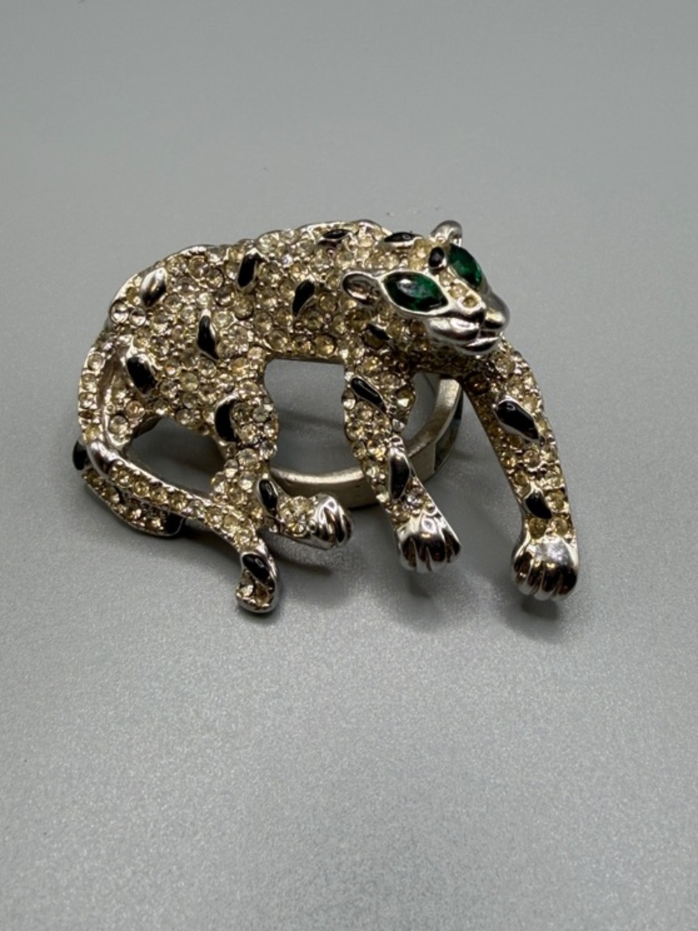 Kenneth Lane Vintage Crystal Leopard Brooch with Green Eyes